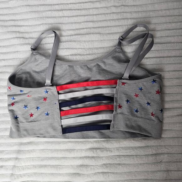 Red White Blue Star Print Bralette Gray Strappy Back Crop Top Patriotic M - Picture 5 of 7
